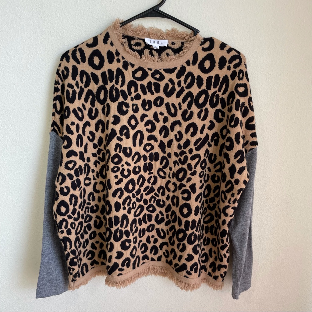 Thml Colorblock Cheetah Fringe Neckline & Hem Sweater